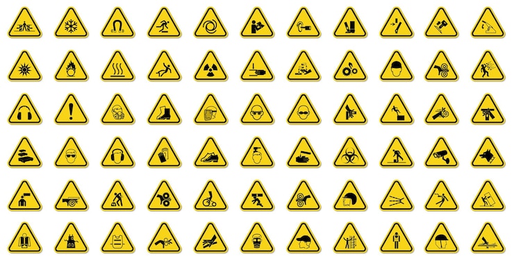 Vettore avvertimento simboli di pericolo etichette segno isolato su sfondo bianco illustrazione vettoriale