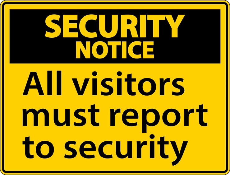 Vettore avviso di sicurezza tutti i visitatori devono presentarsi al cartello di sicurezza