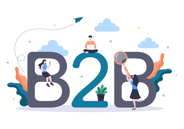Vettore b2b o business to business marketing illustrazione vettoriale. uomini d'affari e clienti che si stringono la mano dopo aver impostato la strategia, le vendite e il commercio per la transazione concordata