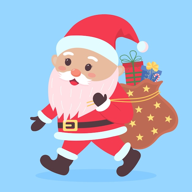 Babbo Natale che cammina con un sacchetto di regali Caratteristico personaggio di Babbo natale isolato su sfondo blu
