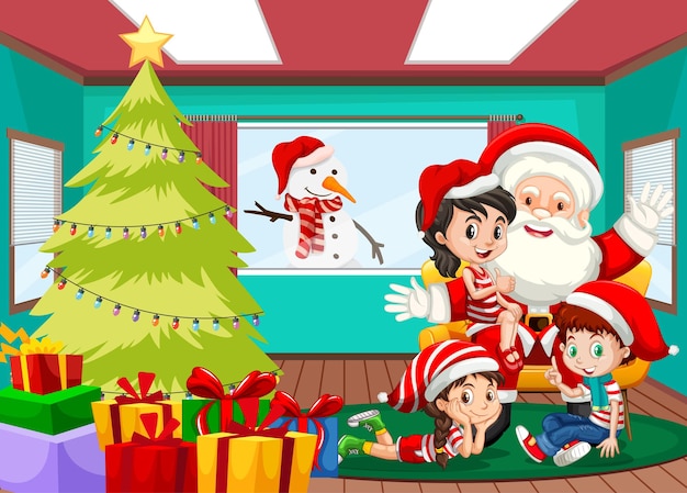 Babbo Natale con bambini felici nella scena della stanza