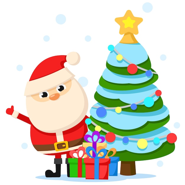 Babbo Natale con un albero di Natale e regali su un personaggio bianco di Capodanno