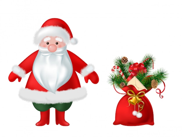 Babbo Natale e borsa con caramelle decorazioni natalizie illustrazione