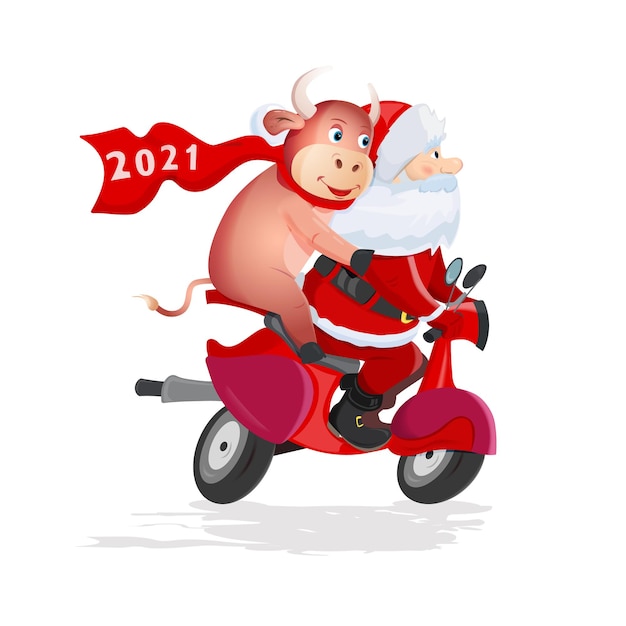 Babbo Natale e toro divertente cavalca uno scooter rosso su sfondo bianco.