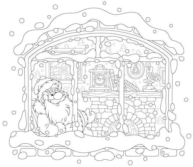 Babbo Natale guarda attraverso una finestra e si crogiola davanti al suo vecchio camino dopo una passeggiata invernale