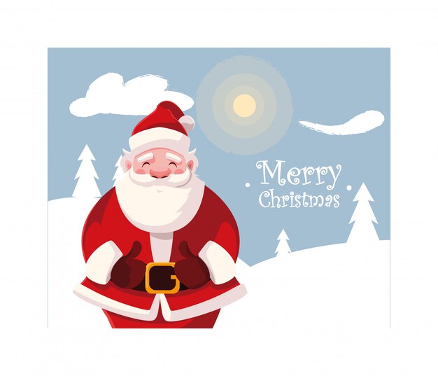 Babbo Natale nel paesaggio invernale con scritte di buon Natale