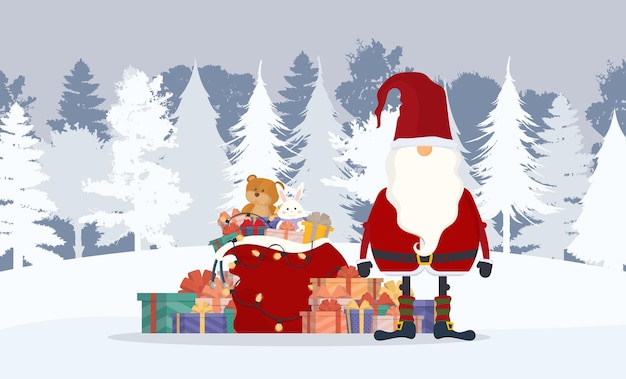 Babbo Natale nella foresta invernale. Una montagna di regali, una borsa rossa, un vecchio con la barba bianca e un vestito rosso. Biglietto natalizio. Illustrazione vettoriale