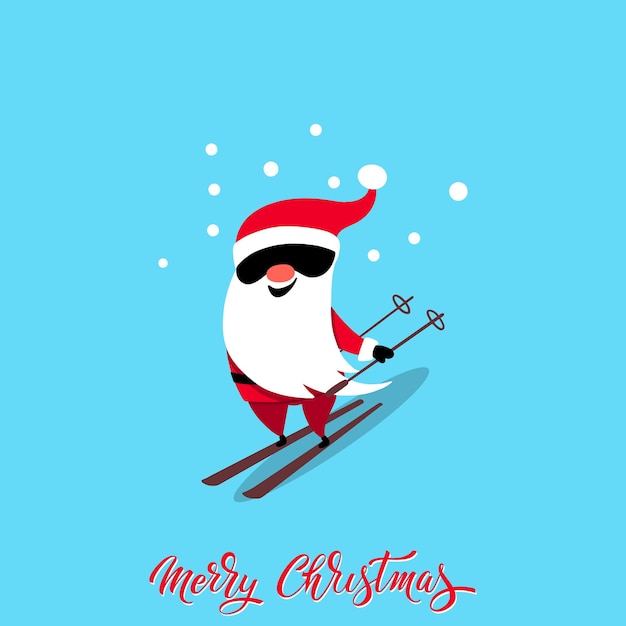 Babbo Natale per Natale e Capodanno Babbo Natale con gli sci Babbo Natale allegro disegnato a mano Illustrazione vettoriale