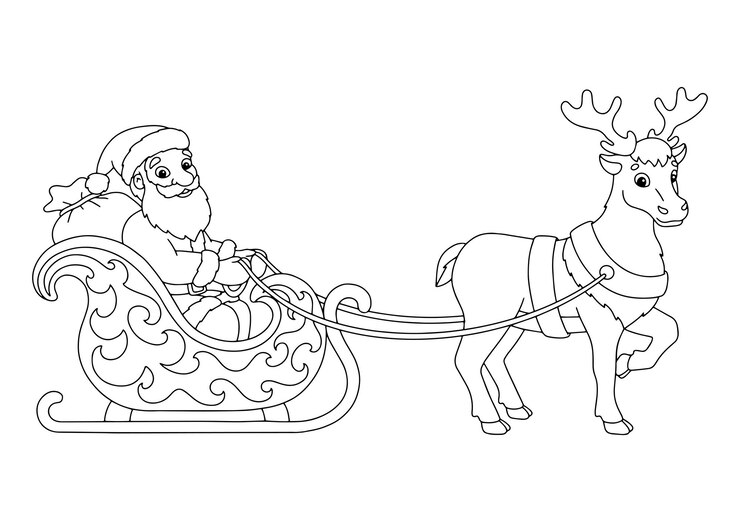 Babbo Natale porta i regali di Natale su una slitta trainata da renne Pagina del libro da colorare per bambini
