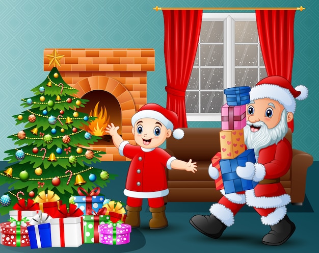 Babbo Natale porta regalo e bambino nel soggiorno