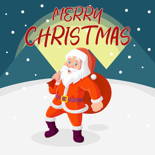 Babbo Natale sorride mentre porta una borsa regalo nella notte nevosa di Natale