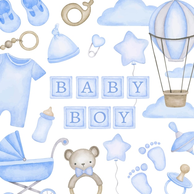 Baby boy compleanno biglietto di auguri acquerello elementi design templ