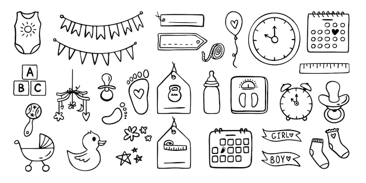 Vettore baby metriche icone disegnate a mano annuncio di nascita doodle set vettoriale neonato elementi disegnati a mano genere