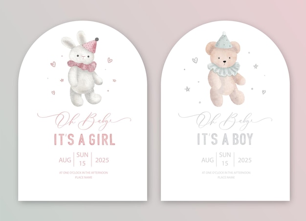 baby shower acquerello invitoIt's a girl It's a boy card con peluche sulla luna e sulla nuvola