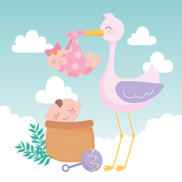 Baby shower, cicogna con ragazza e ragazzo nel fumetto del cestino, celebrazione benvenuto neonato