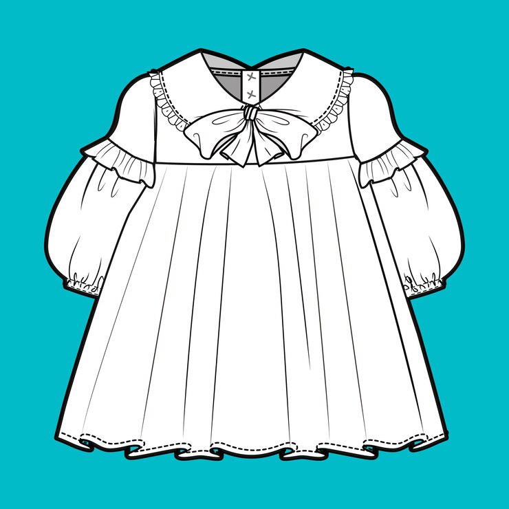 Baby Toddler Feature Sleeve Dress Vector Flat Drawing con Ruffle Mock Neck Detail