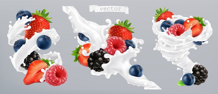 Vettore bacca di bosco e spruzzi di latte. frutta e yogurt