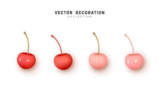 Bacca di ciliegia 3d realistica. Rosso ciliegia e rosa, sfumatura opaca e lucida. Insieme delle bacche isolate su priorità bassa bianca. Illustrazione vettoriale