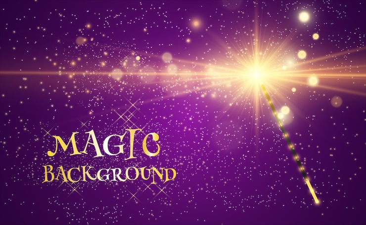Vettore bacchetta magica realistica con scintillii luminosi su uno sfondo trasparente.