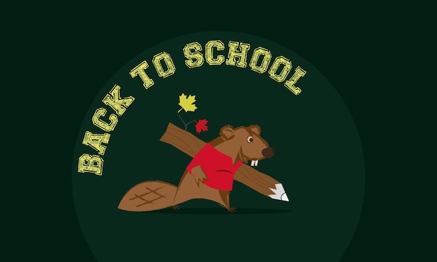 Back to school banner con carino personaggio mascotte castoro matita con foglie di acero