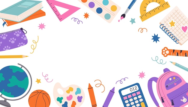 Back to school banner template Sfondio vettoriale con oggetti scolastici carini