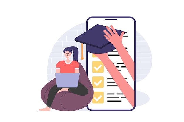 Back to school concetto in moderno flat design per il web Studente che studia online e studia a distanza al portatile passa l'esame in applicazione mobile e ottiene il cappuccio di laurea Illustrazione vettoriale