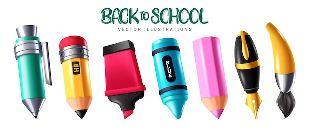 Back to school drawing 3d pen elements clipart set School pen drawing and writing tool elements