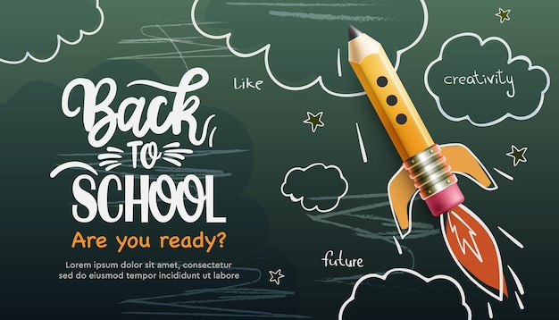 Back to school web banner con nave a razzo a matita e disegno in stile doodle sulla lavagna verde