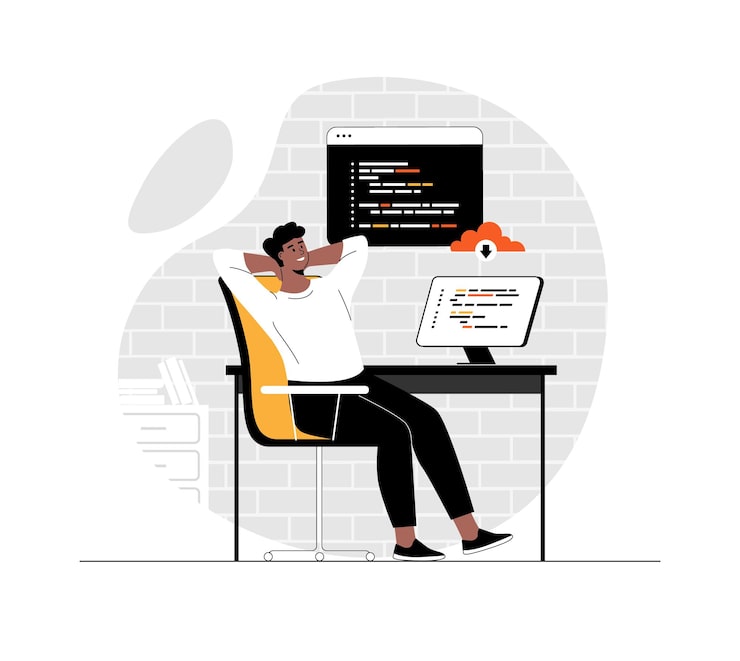 Vettore backend development coding and programming man working with program languages doing tasks finding