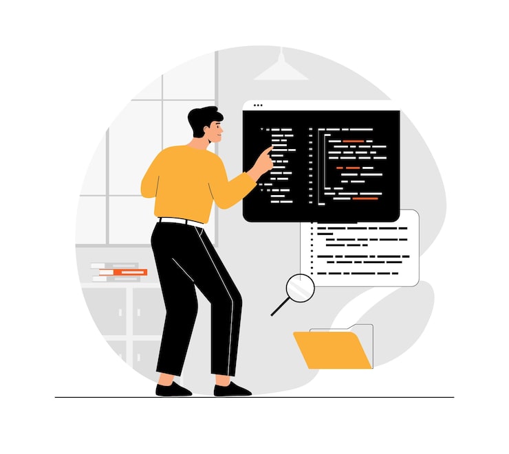 Vettore backend development coding and programming man writes code creates and optimizes pages and program