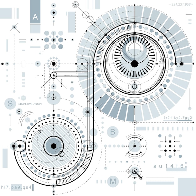 Background industriale e ingegneristico vettoriale, piano tecnico futuro. Progetto prospettico del meccanismo, schema meccanico. Da utilizzare come sfondo del sito web.