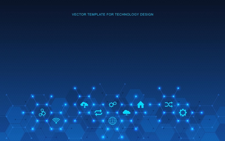 Vettore background tecnologico con icone e simboli piatti. concetto e idea per internet delle cose, comunicazione, rete, innovazione tecnologica, integrazione di sistemi. illustrazione vettoriale.