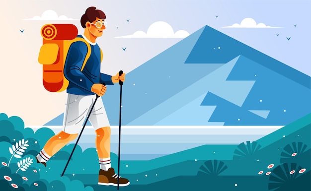 Backpacker Escursionismo con sfondo di montagna