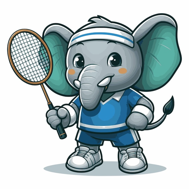 badmonton giocatore elefante stile cartone animato sfondo bianco