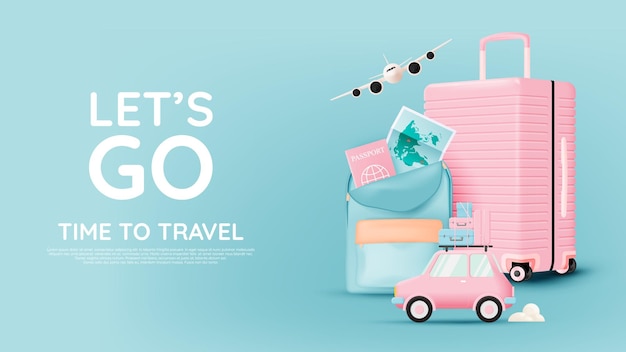 Bagagli per il viaggio in stile artistico 3d realistico e illustrazione vettoriale a colori pastello