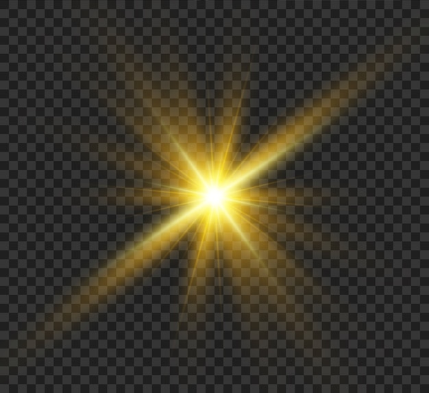 Bagliore del sole Bella stella nascente magica brillante con raggi luminosi. Grafica leggera scintillante.