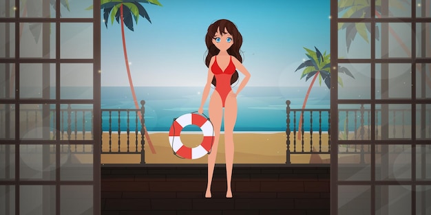 Bagnino di spiaggia donna sulla veranda della villa con vista sulla spiaggia.