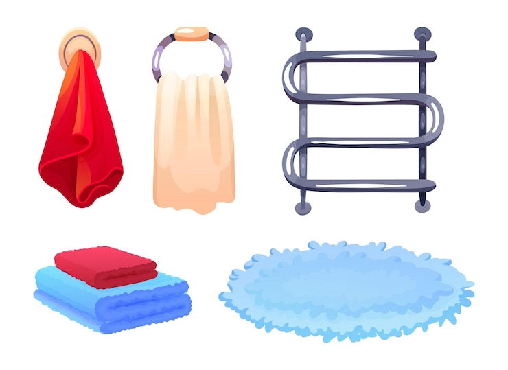 Vettore bagno con accessori da bagno portasciugamani riscaldato illustrazione vettoriale degli accessori per la casa