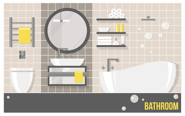 Bagno interno moderno con piastrelle beige in stile piatto.