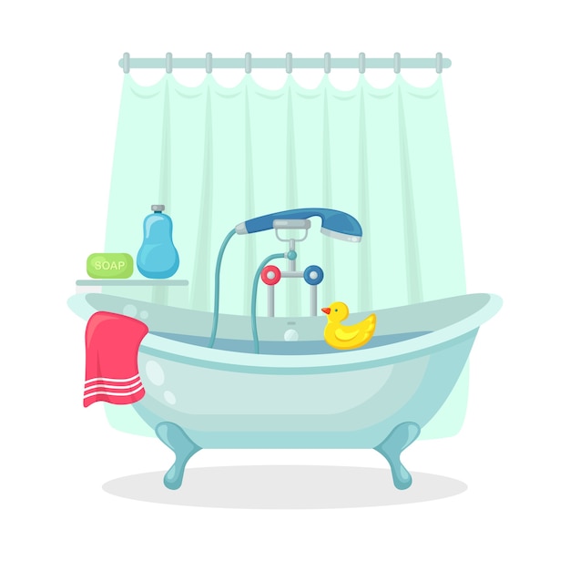 Bagno pieno di schiuma con bolle isolato su sfondo. Interno del bagno. Rubinetti doccia, sapone, vasca da bagno, paperella di gomma e asciugamano rosa. Comoda attrezzatura per fare il bagno e rilassarsi