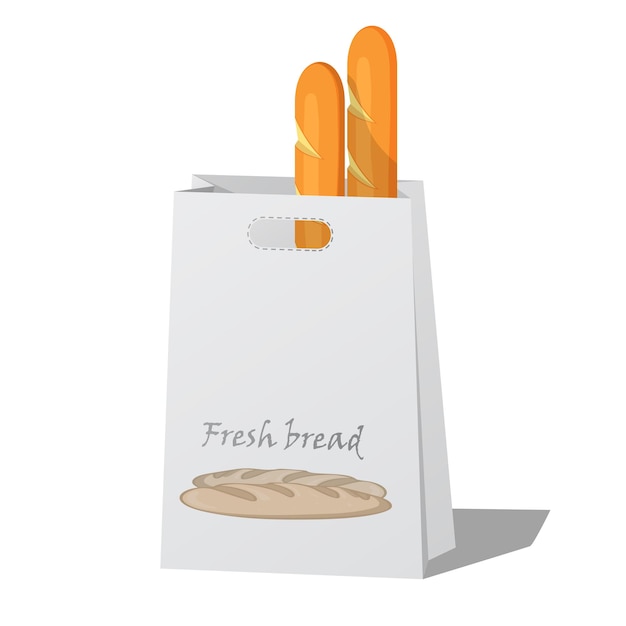 Baguette francesi in sacco di carta isolato su priorità bassa bianca. Negozio di panetteria illustrazione vettoriale, alimenti biologici, pane fresco.