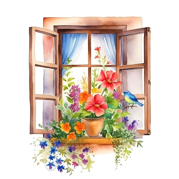 Balcone con vaso di fiori pittura ad acquerello