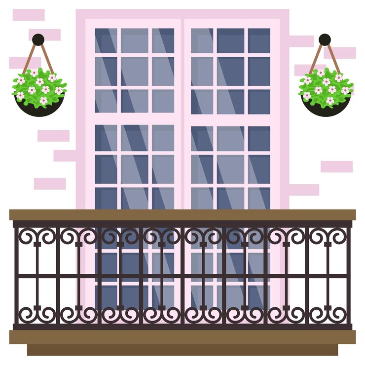 balcone provenzale con griglia in metallo fantasia, balcone e finestra vista frontale simbolo,