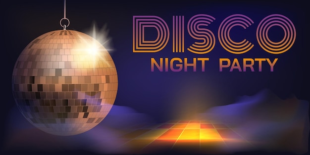 Ball discoteca danza notturna poster discoteca neon luminoso volantino di festa glamour celebrazione del club con musica sfera a specchio scintillante disegno di lettere retrò sfondo banner vettoriale