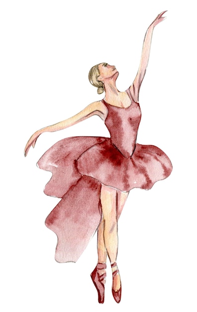Ballerina danzante dell'acquerello in abito rosa. Ballerina danzante isolata. Balletto classico disegnato a mano