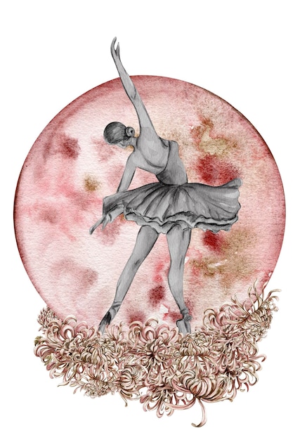 Ballerina graziosa rosa di ballo dell'acquerello con i fiori e la luna. Illustrazione disegnata a mano dell'acquerello.