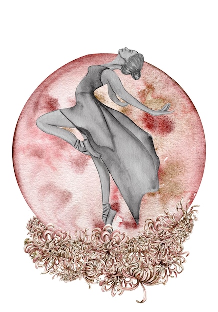 Ballerina graziosa rosa di ballo dell'acquerello con i fiori e la luna. Illustrazione disegnata a mano dell'acquerello.