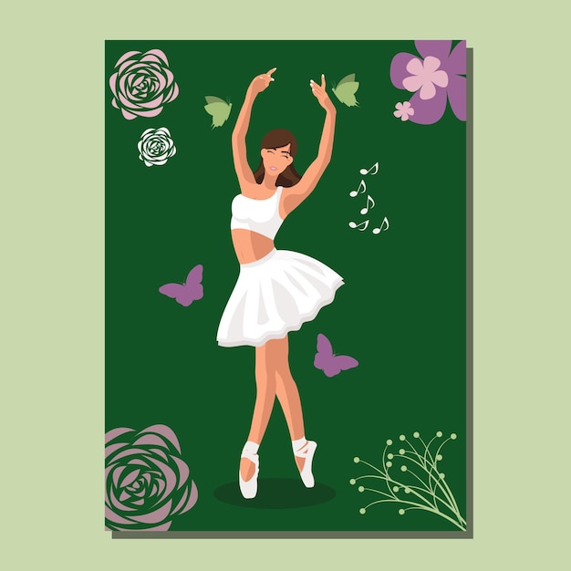 Ballerina senza volto bianca caucasica in tutù bianco e scarpe da punta che ballano su un poster verde con fiori e farfalle Illustrazione vettoriale in stile piatto