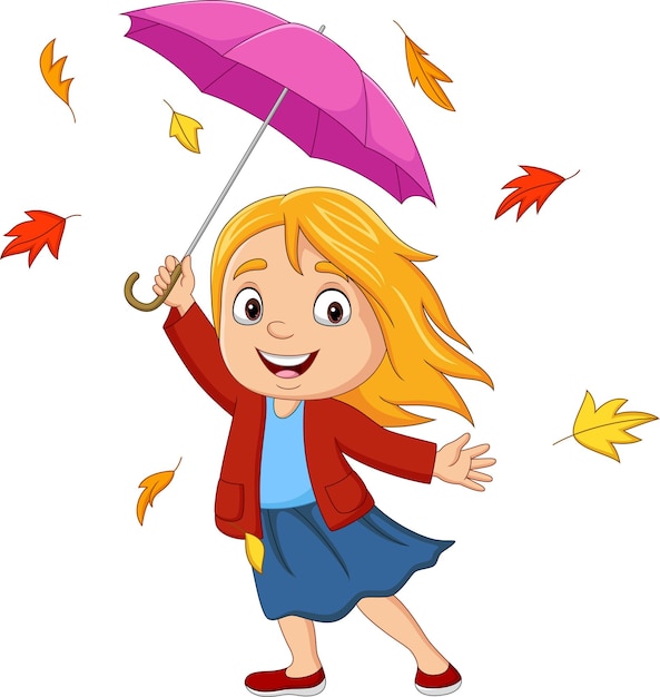 Bambina cartone animato con ombrello e foglie d'autunno