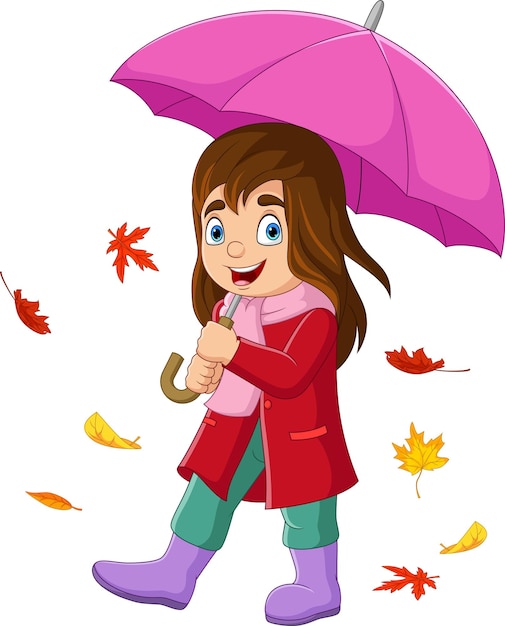Bambina cartone animato con ombrello e foglie d'autunno
